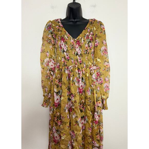 OPT Anthropologie Wick Dress Yellow Smocked Chiffon Floral Sheen Romantic, M - Picture 4 of 12